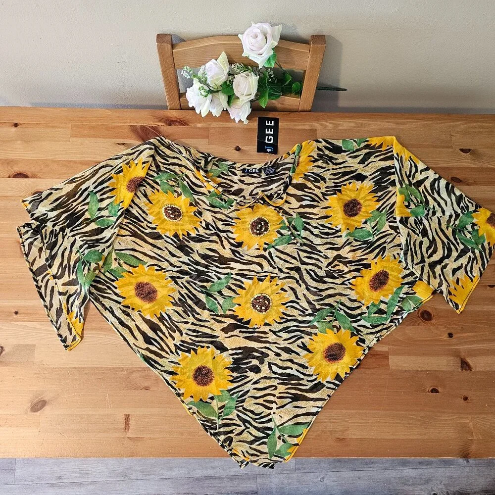 J GEE - Vintage Triangular Shawl Wrap Sunflowers Women Black - Picture 1 of 10